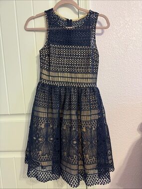 Francesca's Collections Navy Crochet Midi Dress with Cream Lining